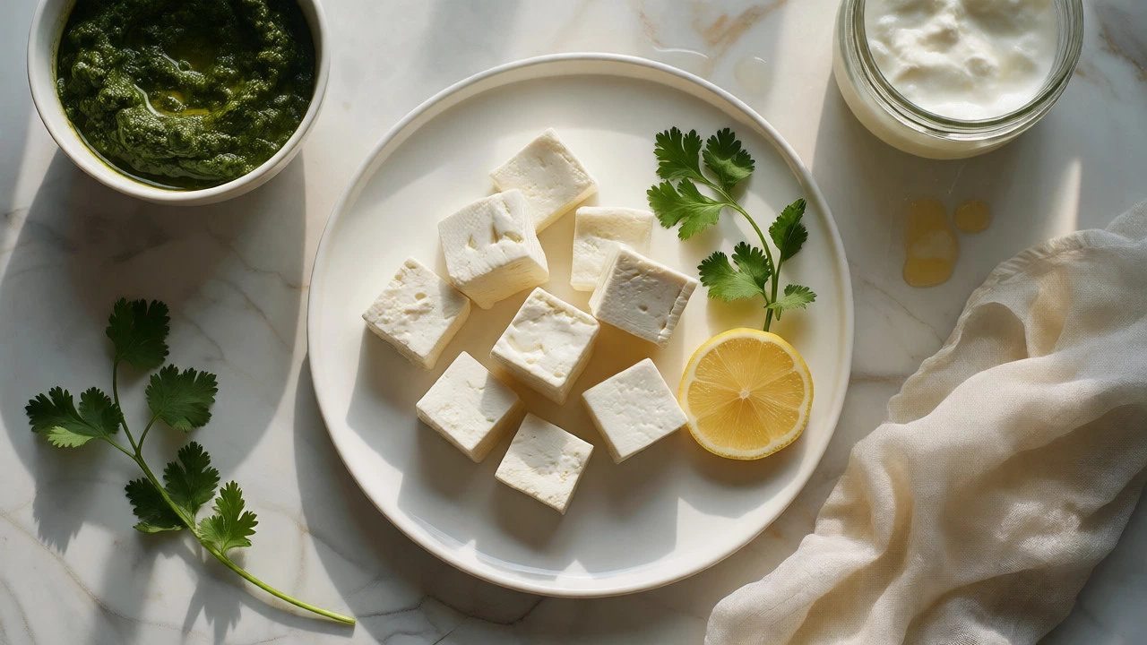 Freshly cut cubes of soft homemade paneer served on a white plate with garnish.