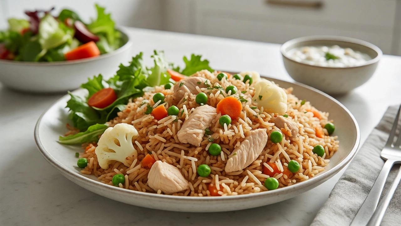 Healthy homemade biryani with brown rice, lean meat, and colorful vegetables alongside a fresh salad.