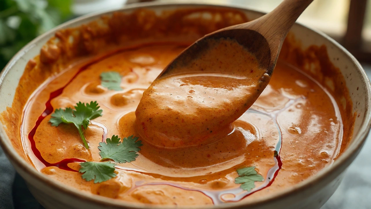 Ladling thick, creamy chicken curry with a rich, glossy texture.