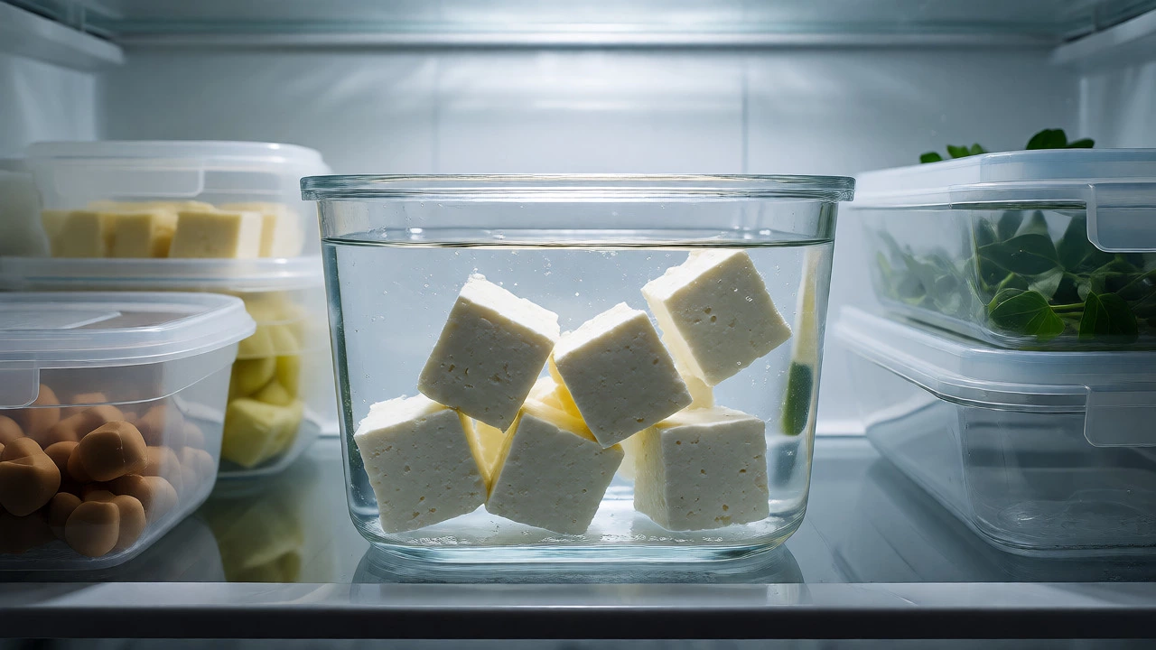 Paneer cubes stored submerged in water inside a refrigerator