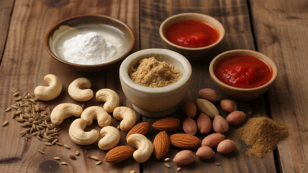 Raw nuts, tomato puree, and cornstarch arranged as curry thickeners.