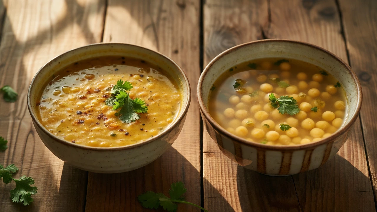 Side-by-side comparison of creamy soaked dal and watery unsoaked dal in ceramic bowls.