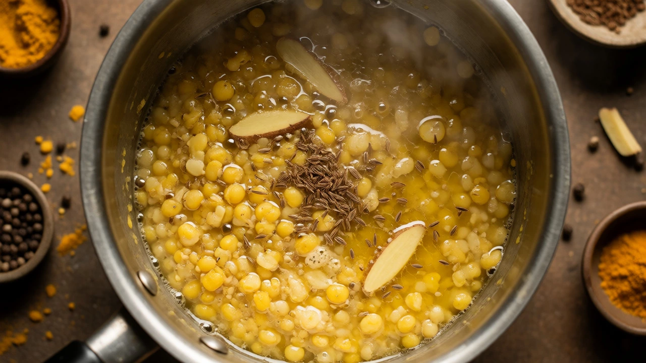 Simmering yellow lentils with digestive spices in a pot