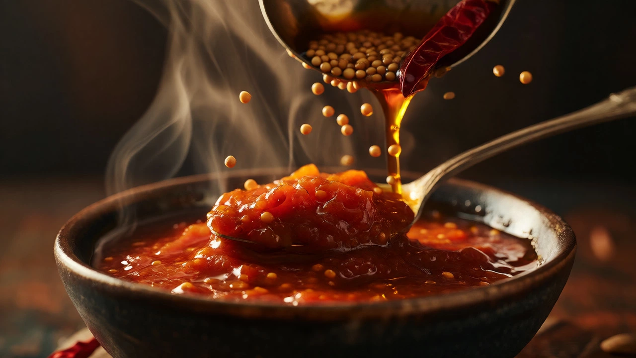 Steaming tomato chutney with mustard seeds being tempered by hot oil