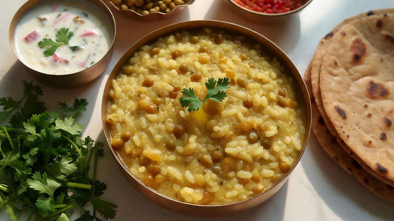 Traditional Indian thali with khichdi, roti, and raita in brass bowls